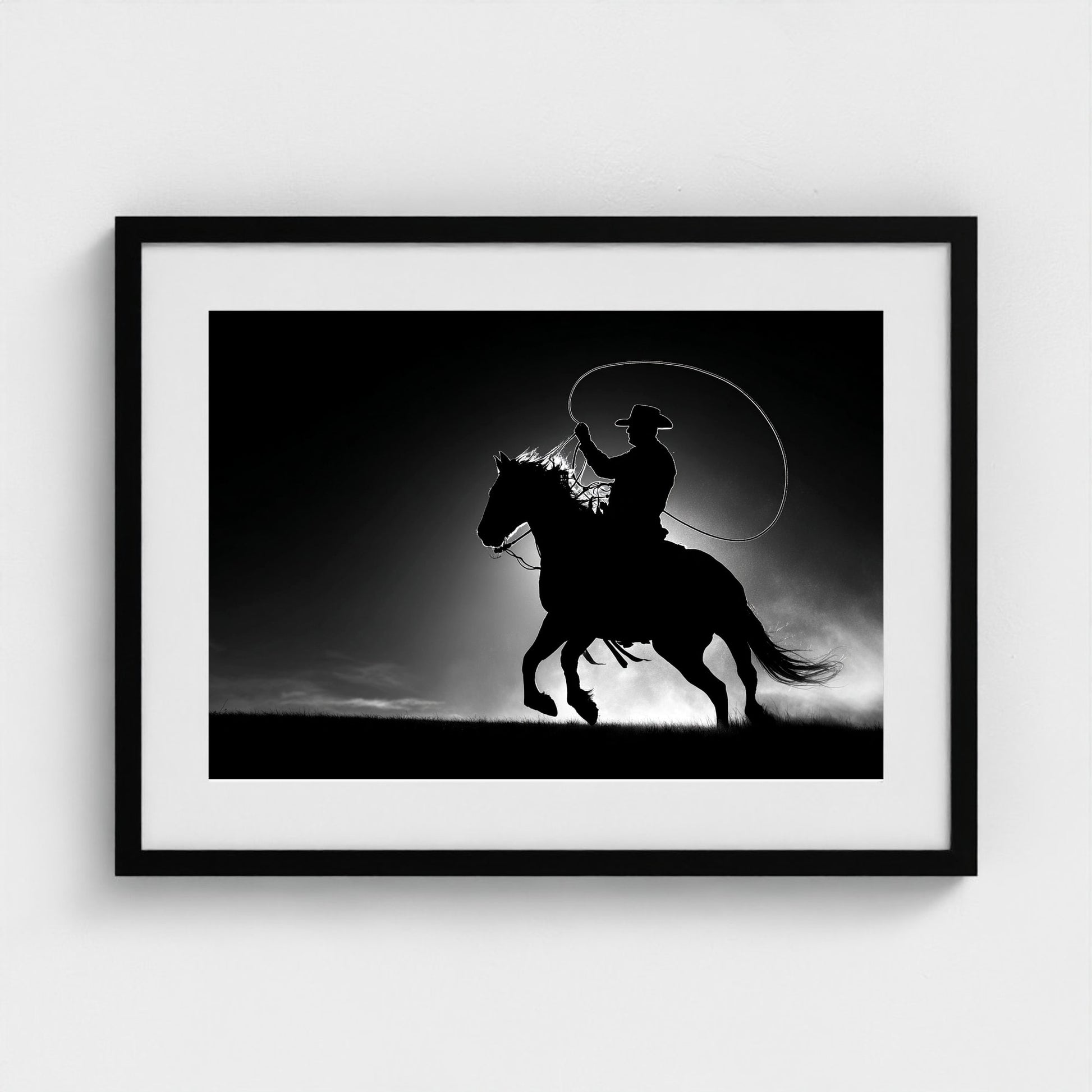 black-and-white-minimalist-realistic-cowboy-lass 24x18-black frame frame