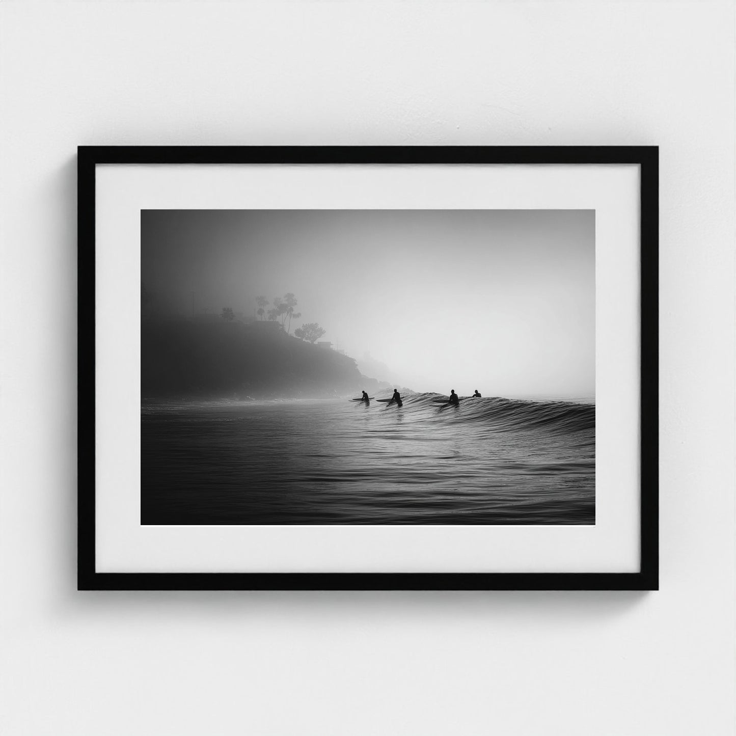quiet-early-morning-surf-lineup-fog-rolling-acro 24x18-black frame frame