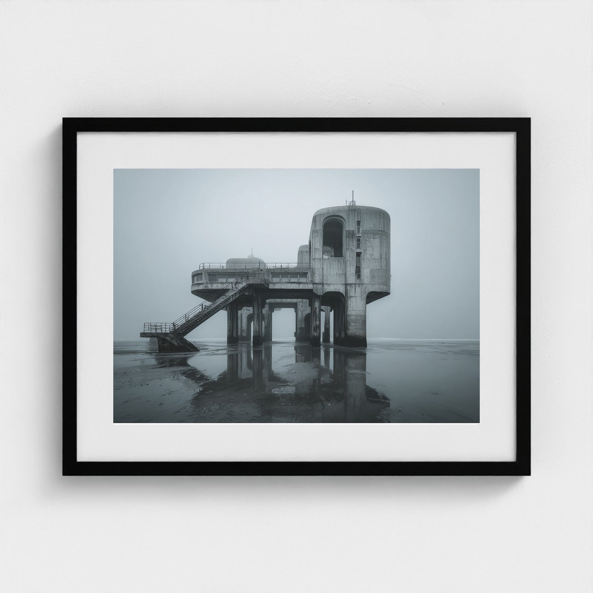 brutalist-seaside-pier-at-dawn-glassy-tide-mirro 24x18-black frame frame