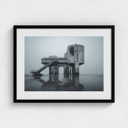 brutalist-seaside-pier-at-dawn-glassy-tide-mirro 24x18-black frame frame