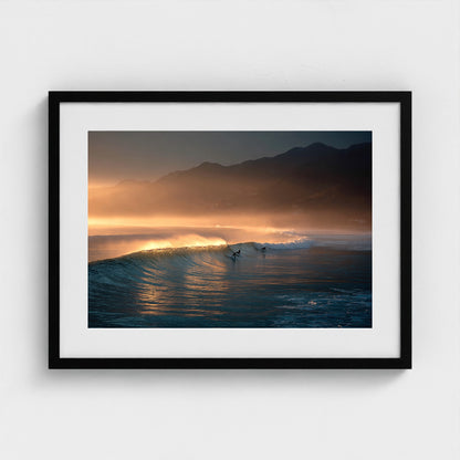 sunrise-over-quiet-surf-lineup-mist-over-water-b 24x18-black frame frame