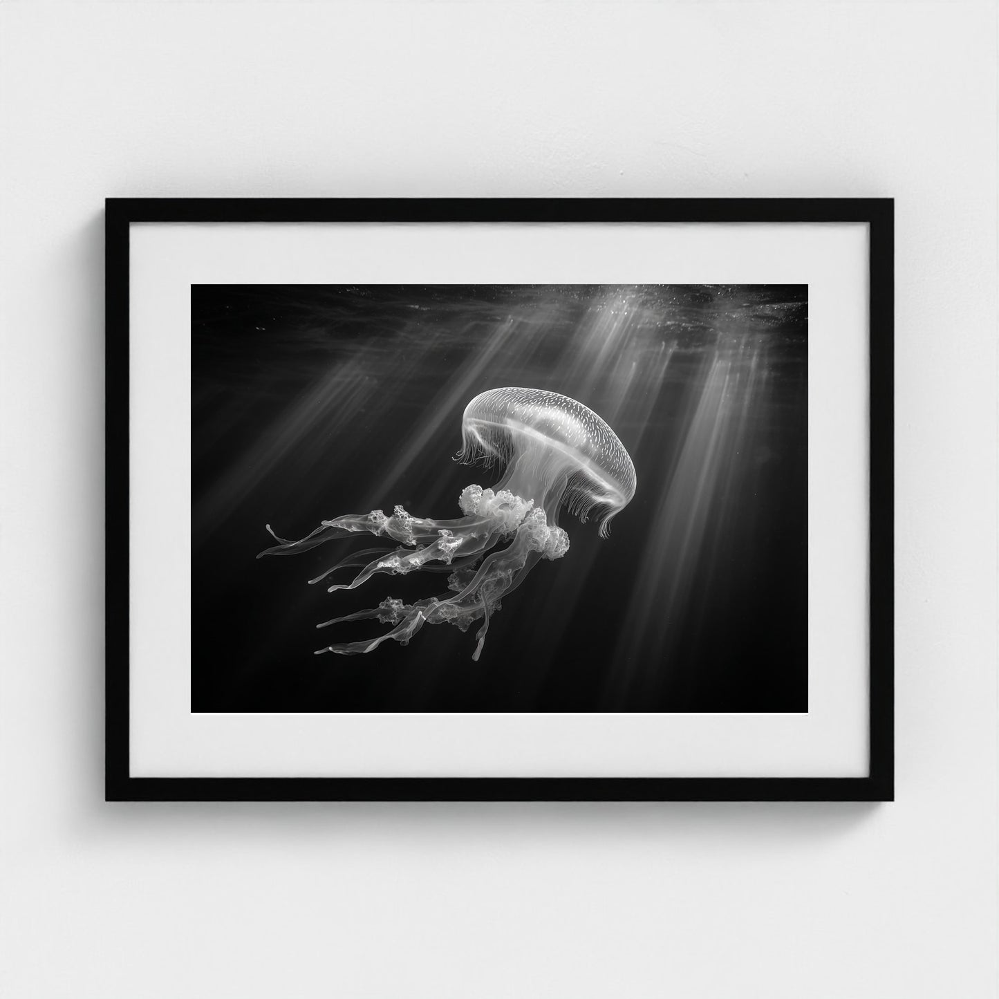 ethereal-bioluminescent-jellyfish-floating-in-de 24x18-black frame frame