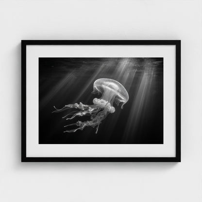 ethereal-bioluminescent-jellyfish-floating-in-de 24x18-black frame frame