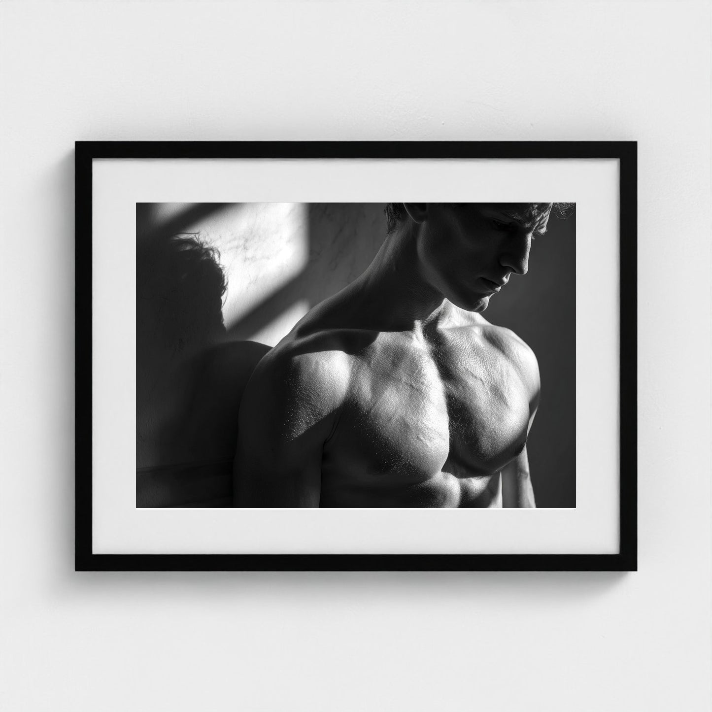 male-torso-study-in-bright-light-sculptural-shad 24x18-black frame frame