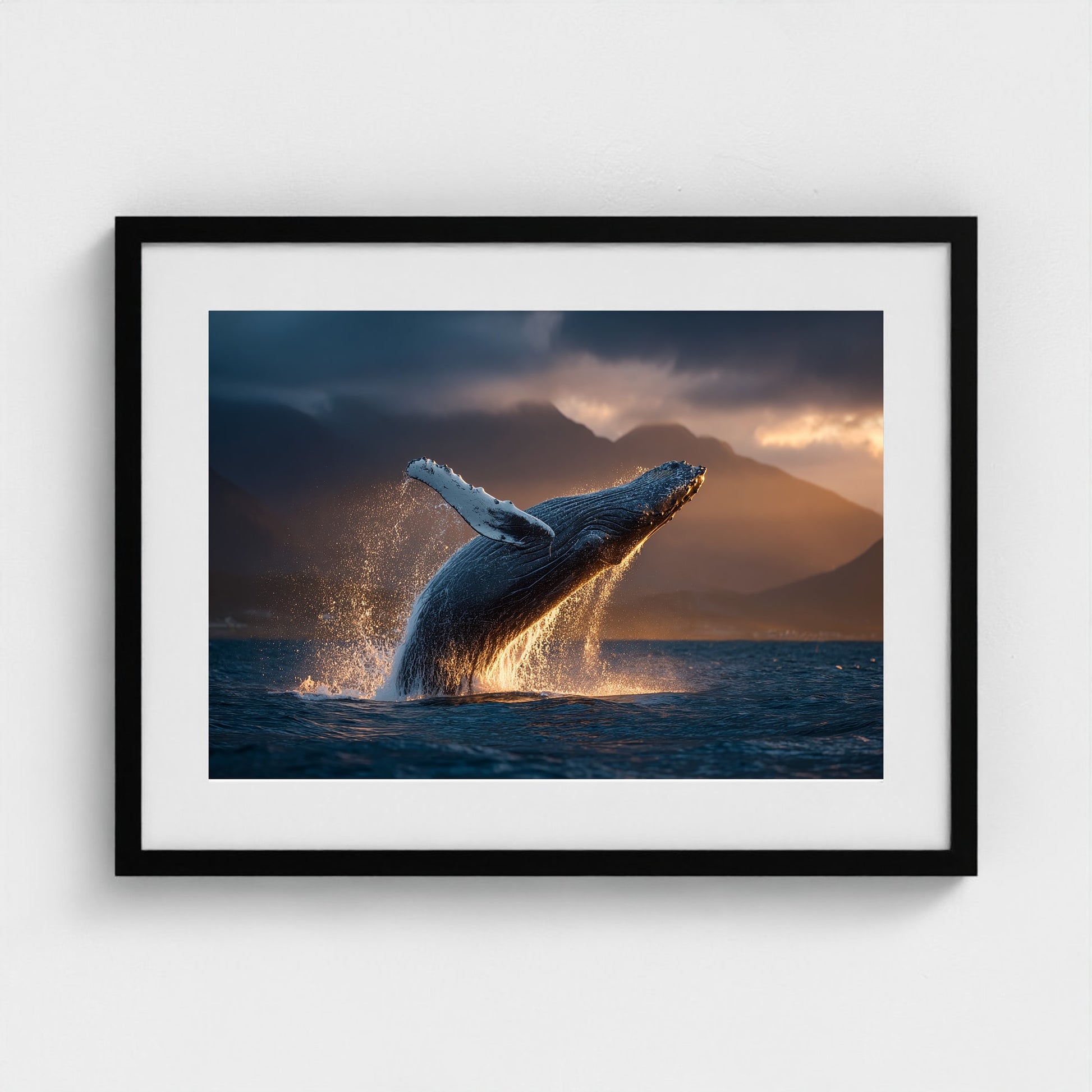 humpback-whale-breaching-at-golden-hour-backlit 24x18-black frame frame