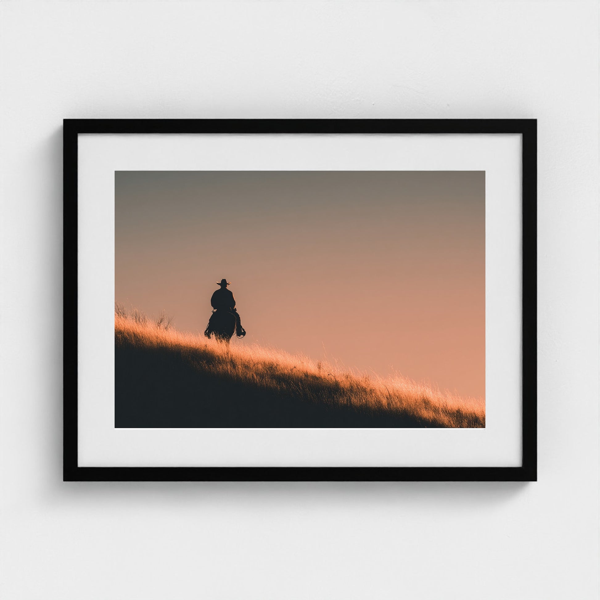 minimalist-cowboy-silhouette-at-sunrise-desert-h 24x18-black frame frame