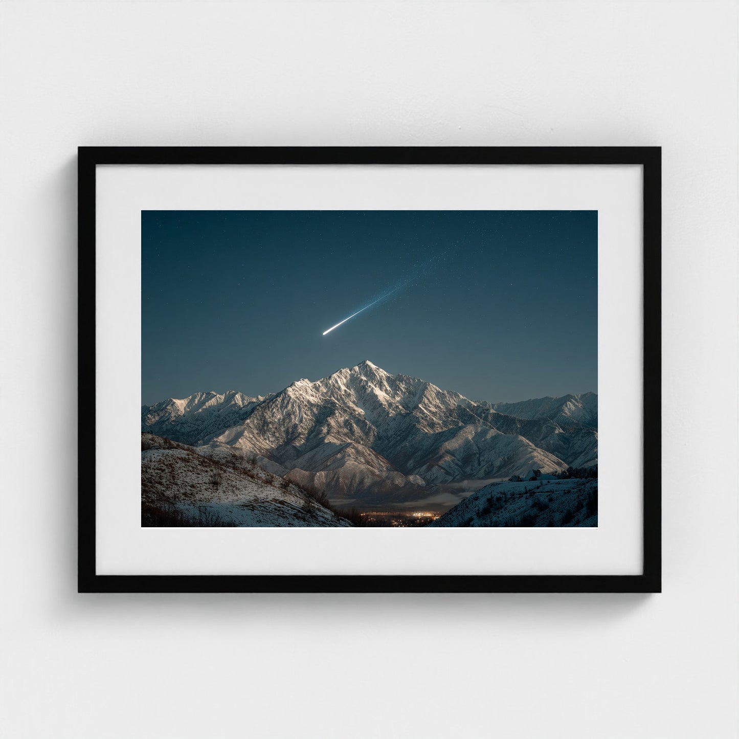 comet-streaking-across-night-sky-above-snowy-pea 24x18-black frame frame