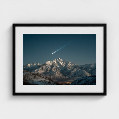 comet-streaking-across-night-sky-above-snowy-pea 24x18-black frame frame