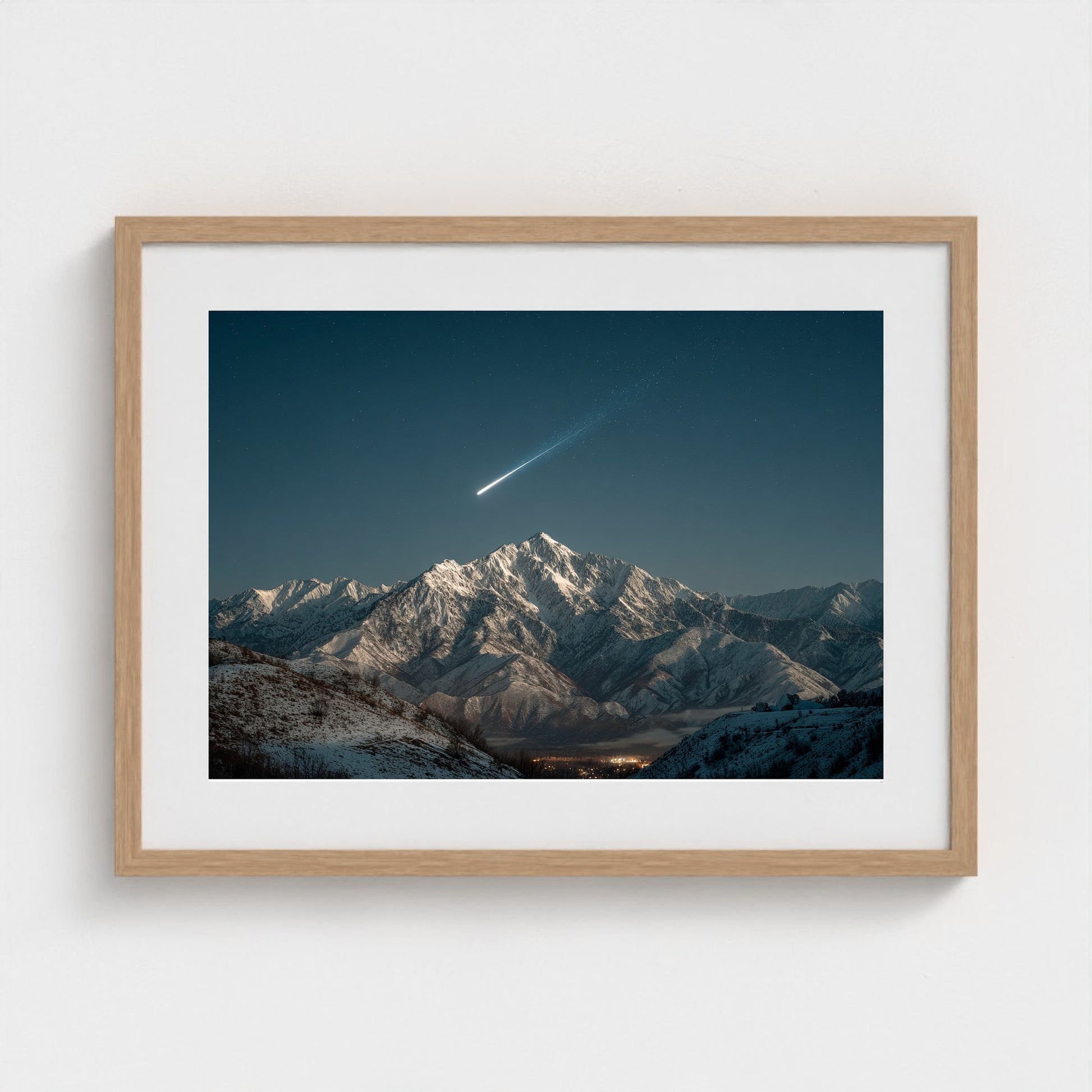 comet-streaking-across-night-sky-above-snowy-pea 24x18-natural frame frame
