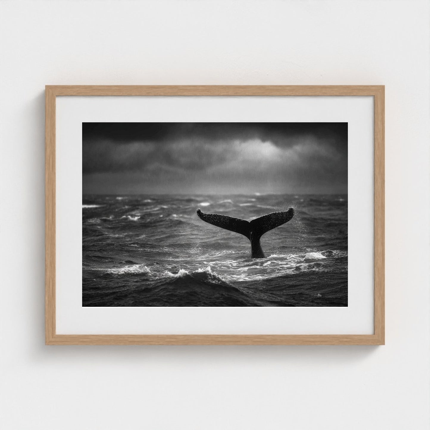 tail-fluke-against-stormy-sea-rain-sheets-and-wh 24x18-natural frame frame