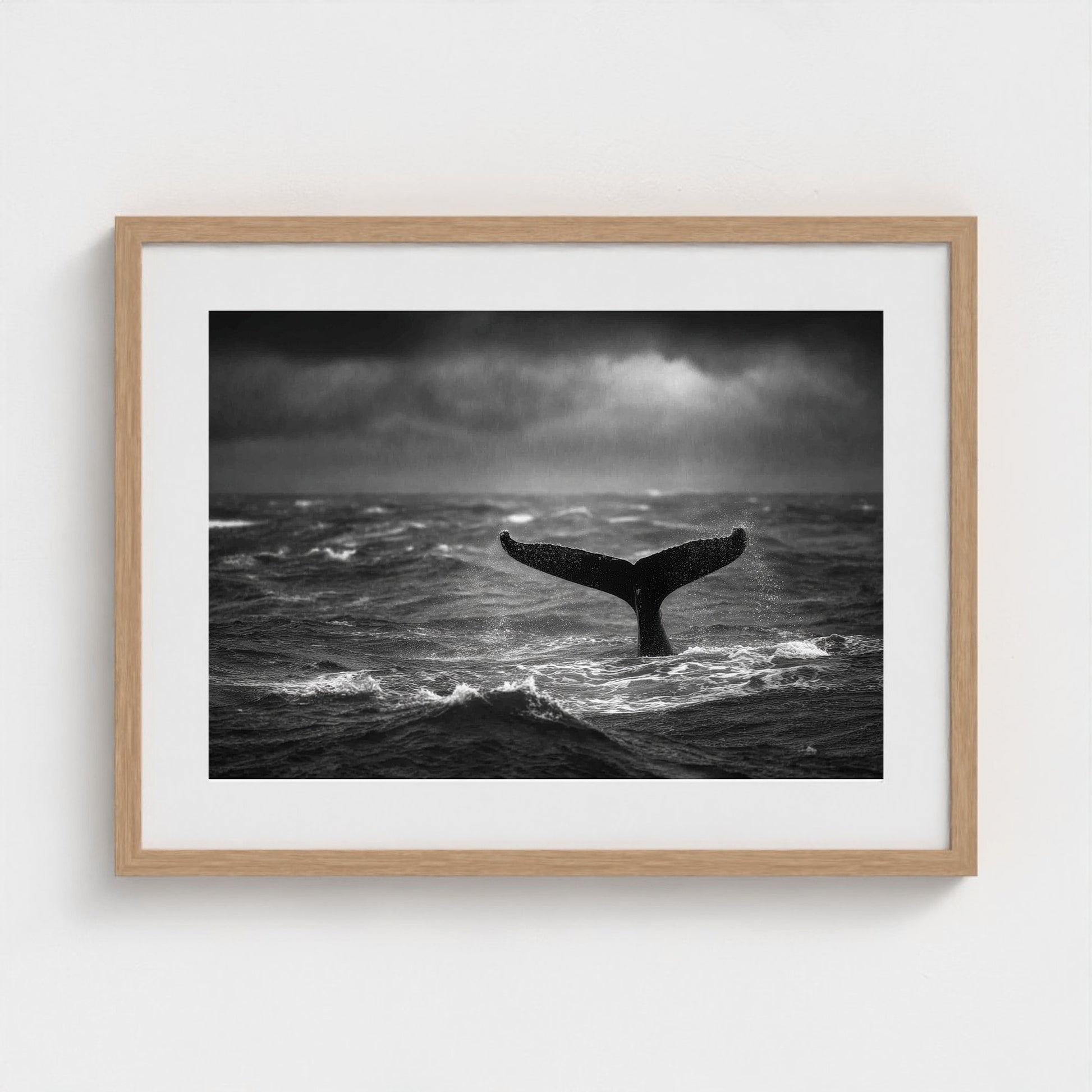 tail-fluke-against-stormy-sea-rain-sheets-and-wh 24x18-natural frame frame