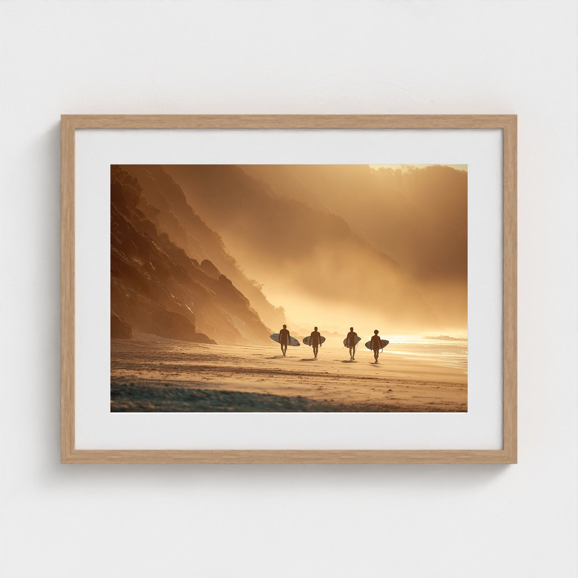 group-of-surfers-walking-across-beach-with-board 24x18-natural frame frame