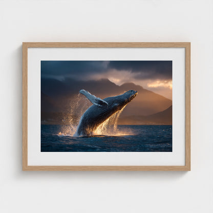 humpback-whale-breaching-at-golden-hour-backlit 24x18-natural frame frame