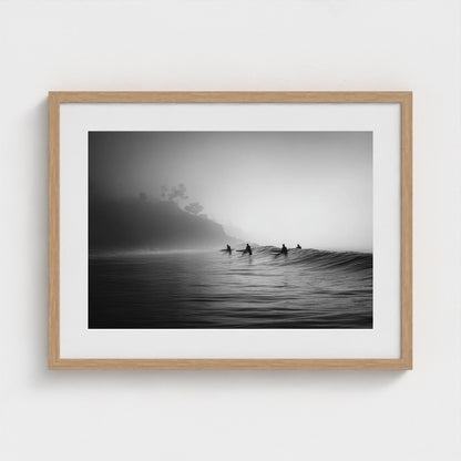 quiet-early-morning-surf-lineup-fog-rolling-acro 24x18-natural frame frame