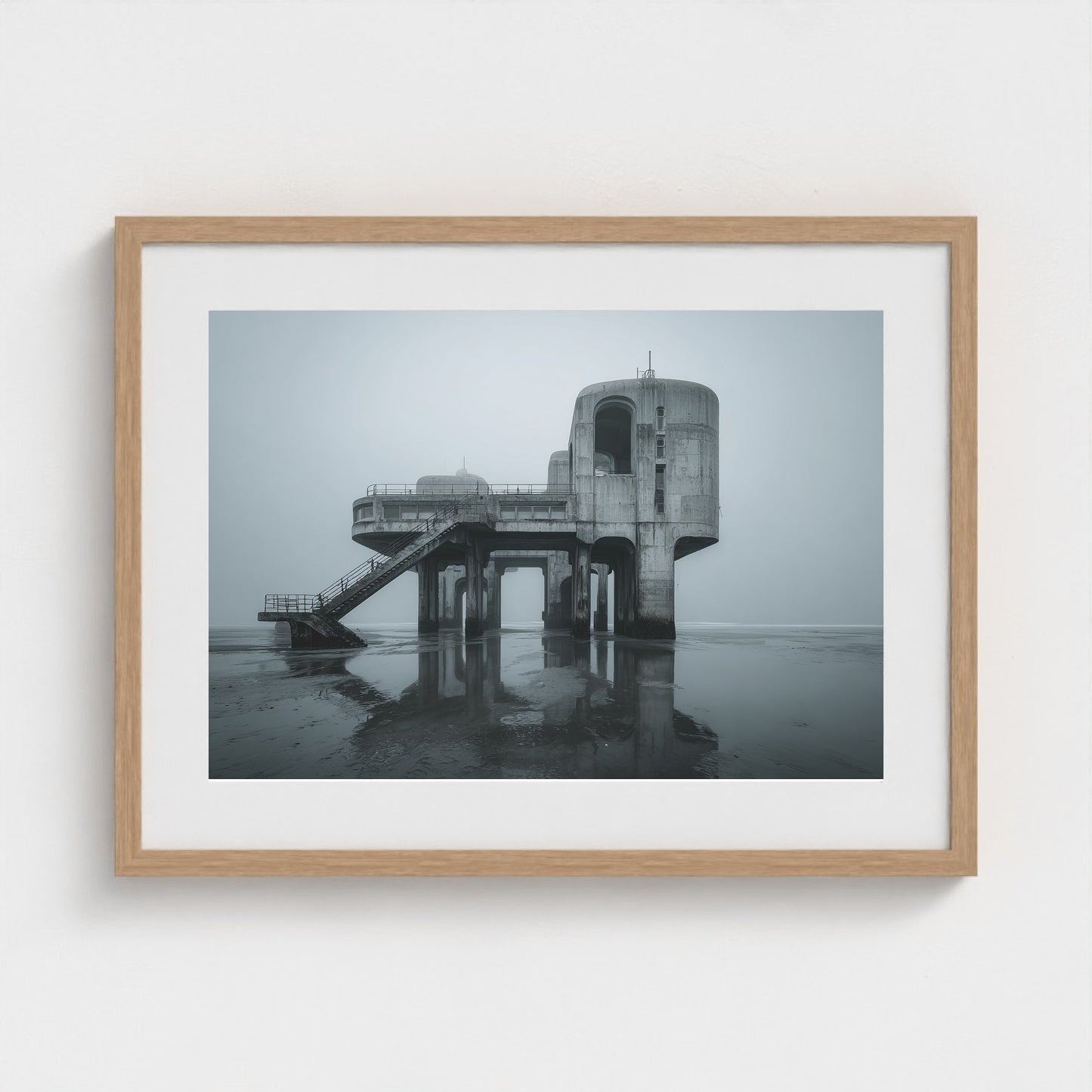 brutalist-seaside-pier-at-dawn-glassy-tide-mirro 24x18-natural frame frame