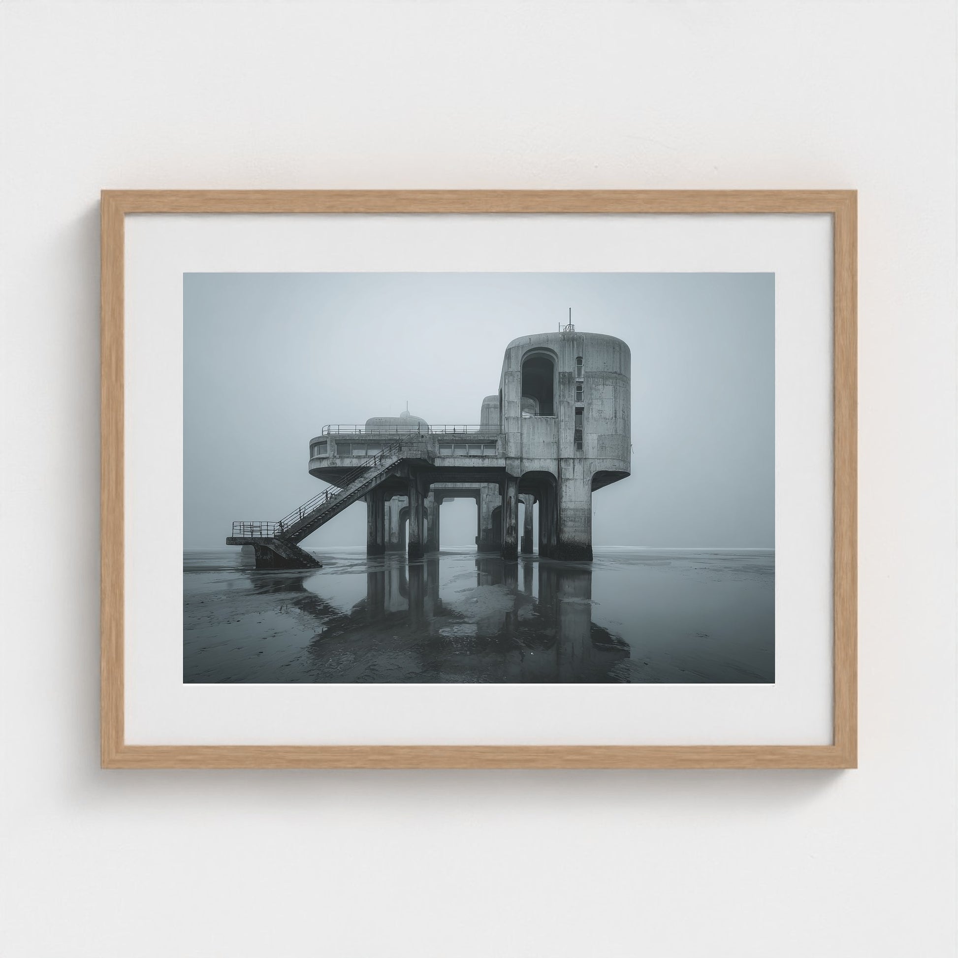 brutalist-seaside-pier-at-dawn-glassy-tide-mirro 24x18-natural frame frame