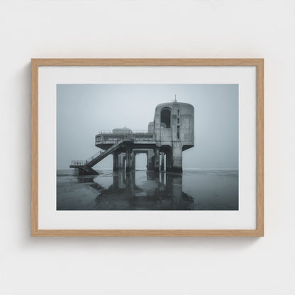 brutalist-seaside-pier-at-dawn-glassy-tide-mirro 24x18-natural frame frame