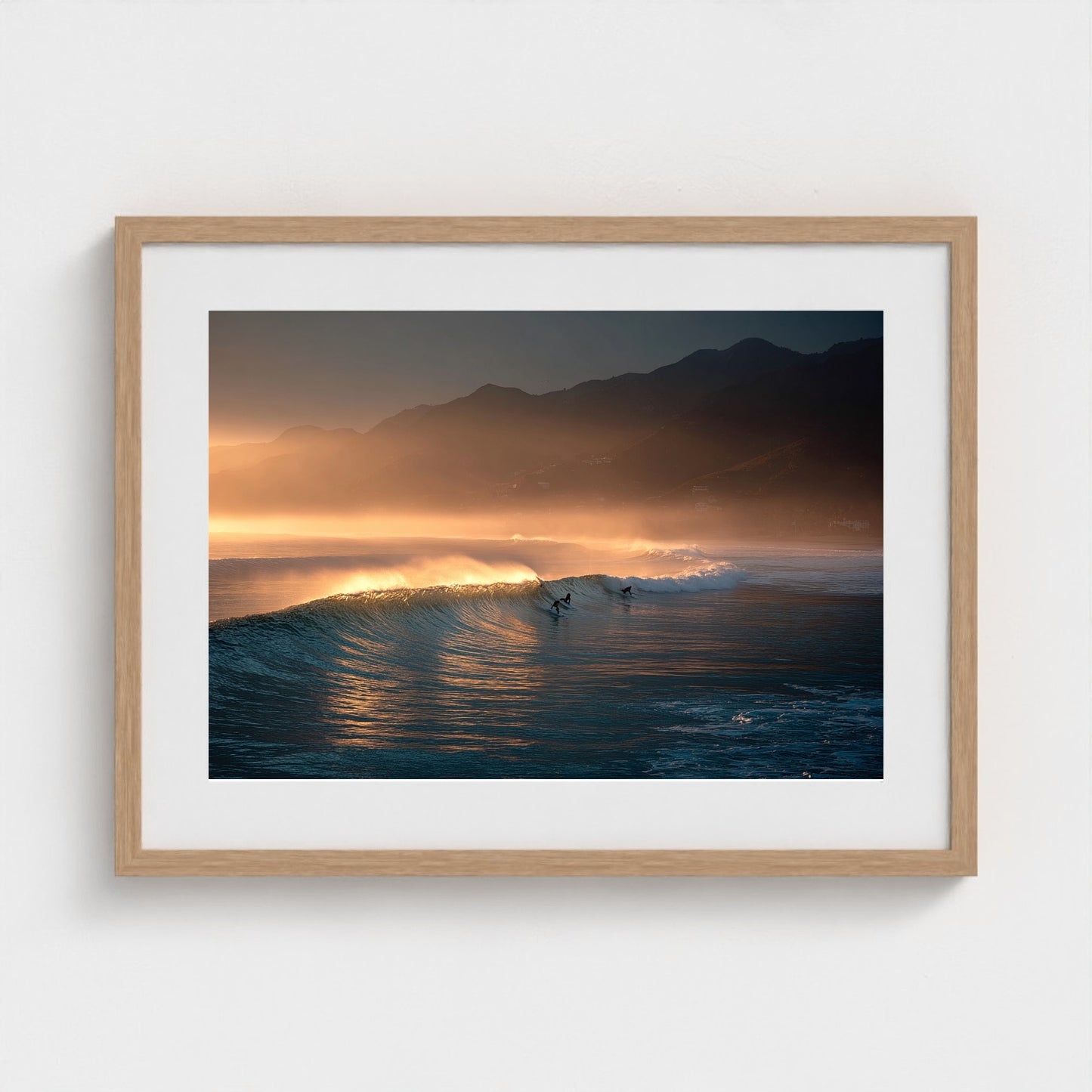 sunrise-over-quiet-surf-lineup-mist-over-water-b 24x18-natural frame frame