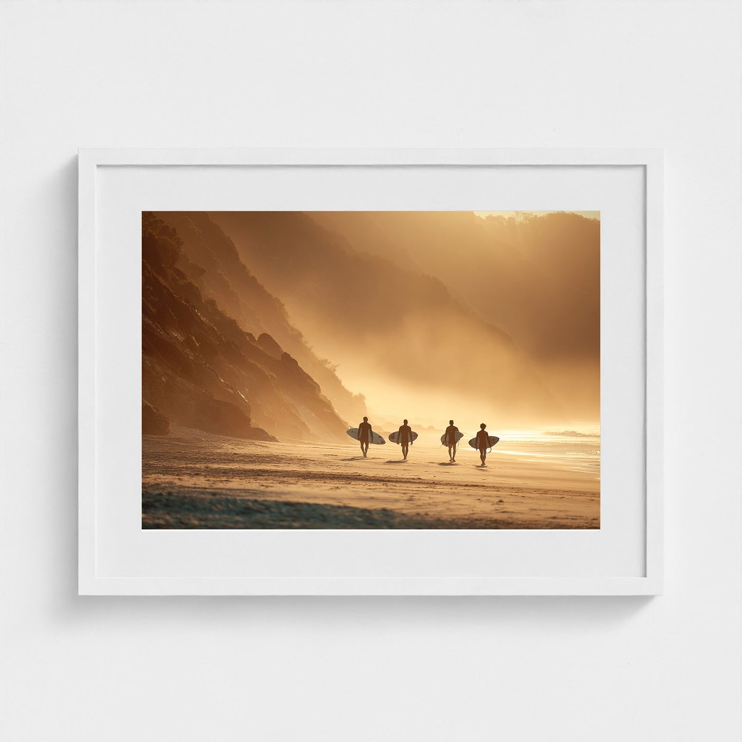 group-of-surfers-walking-across-beach-with-board 24x18-white frame frame