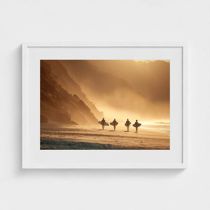 group-of-surfers-walking-across-beach-with-board 24x18-white frame frame