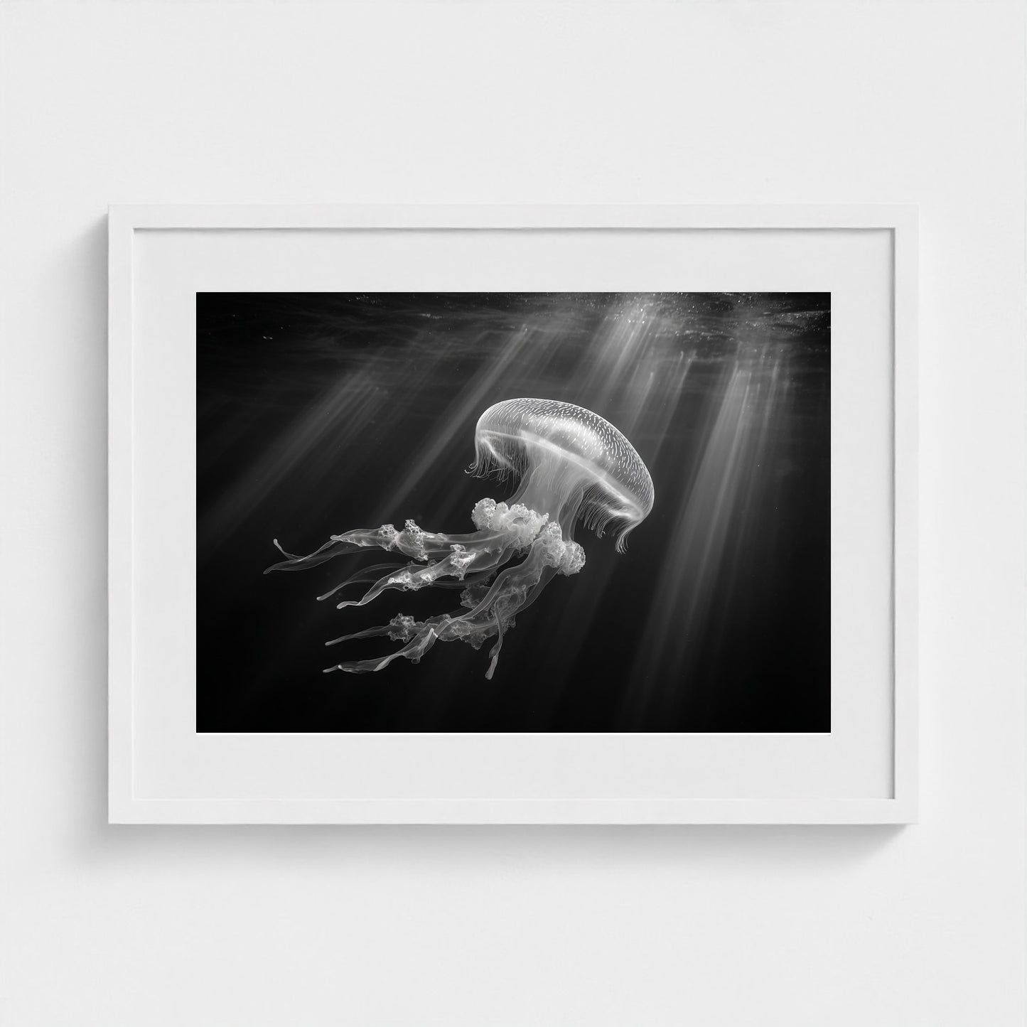 ethereal-bioluminescent-jellyfish-floating-in-de 24x18-white frame frame