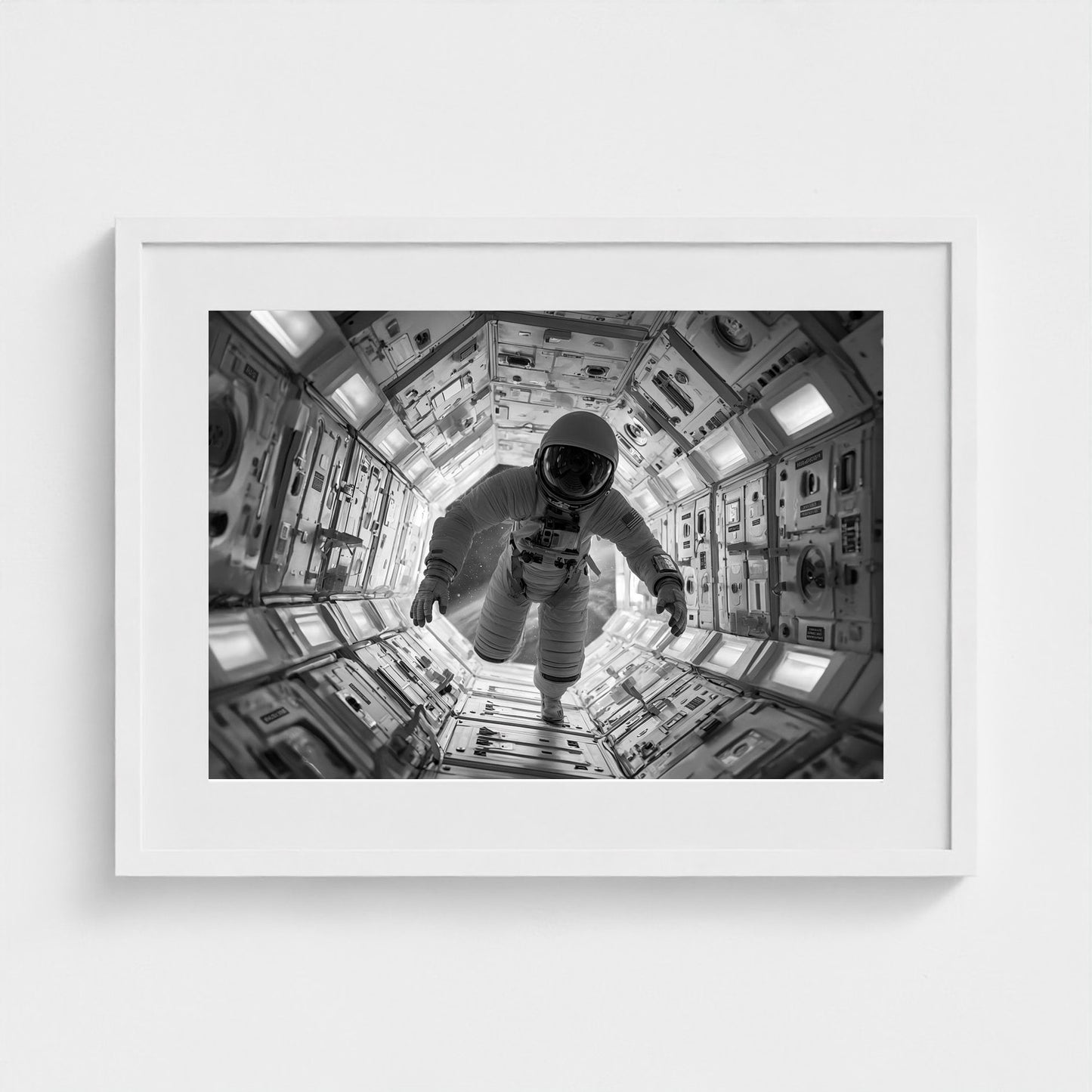 astronaut-floating-into-airlock-kubrick-one-poin 24x18-white frame frame