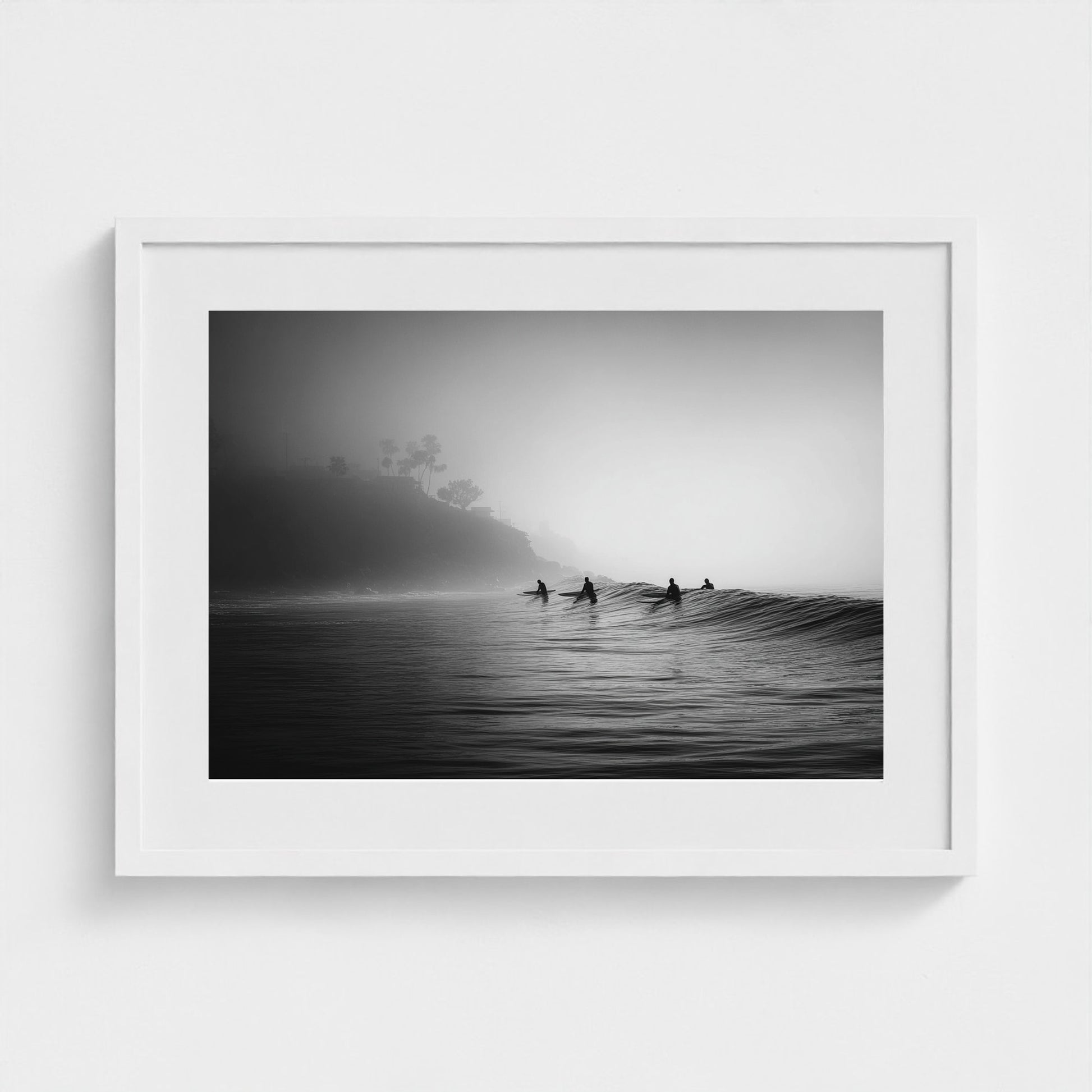quiet-early-morning-surf-lineup-fog-rolling-acro 24x18-white frame frame