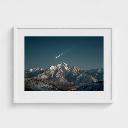 comet-streaking-across-night-sky-above-snowy-pea 24x18-white frame frame