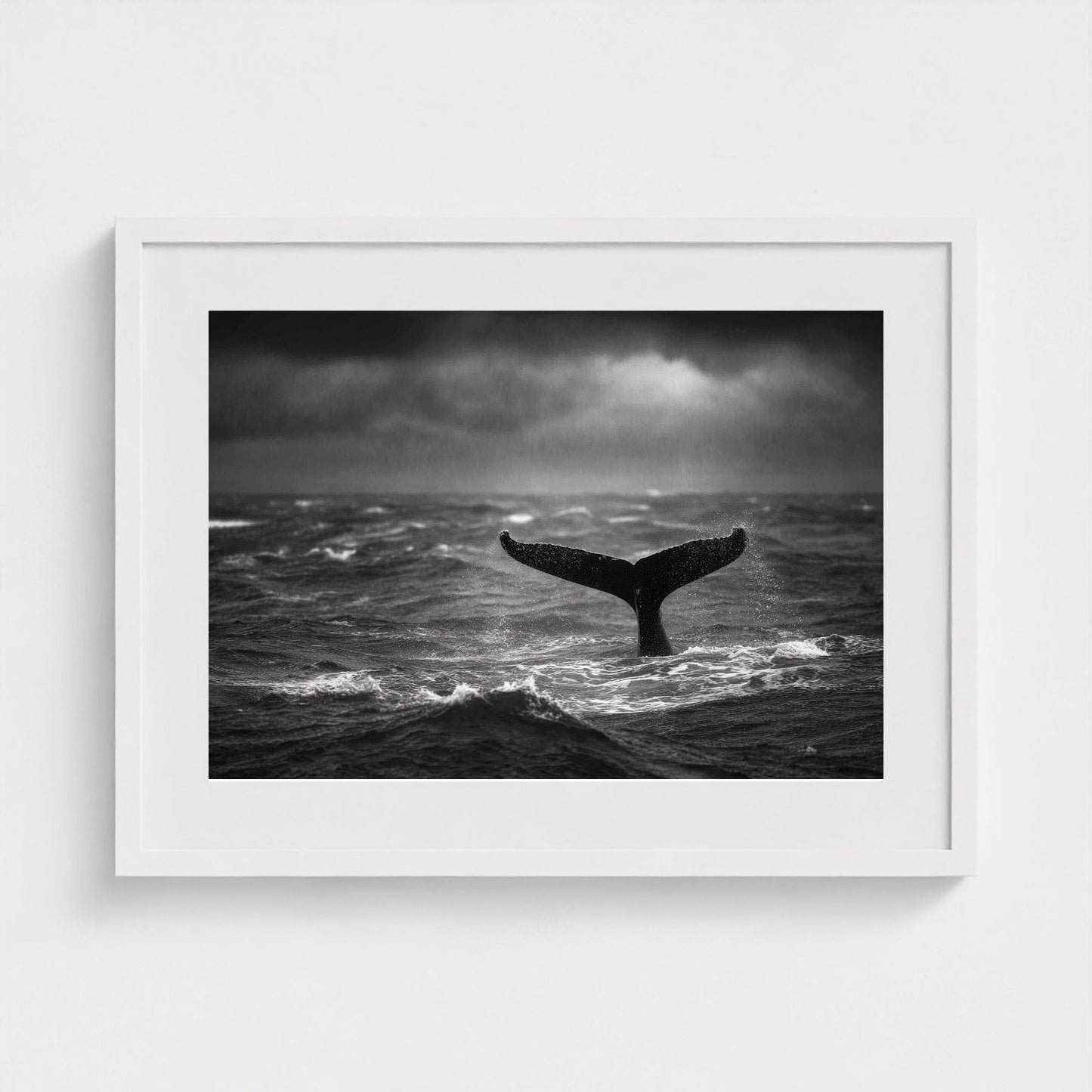 tail-fluke-against-stormy-sea-rain-sheets-and-wh 24x18-white frame frame