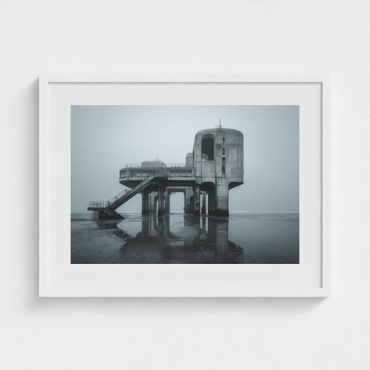 brutalist-seaside-pier-at-dawn-glassy-tide-mirro 24x18-white frame frame