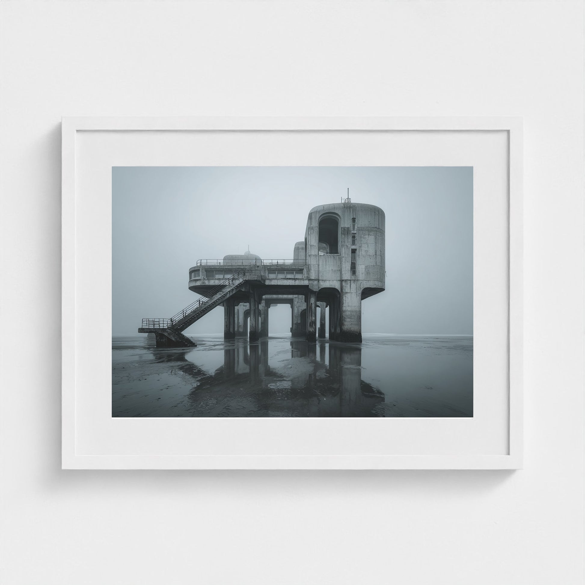 brutalist-seaside-pier-at-dawn-glassy-tide-mirro 24x18-white frame frame
