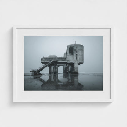 brutalist-seaside-pier-at-dawn-glassy-tide-mirro 24x18-white frame frame