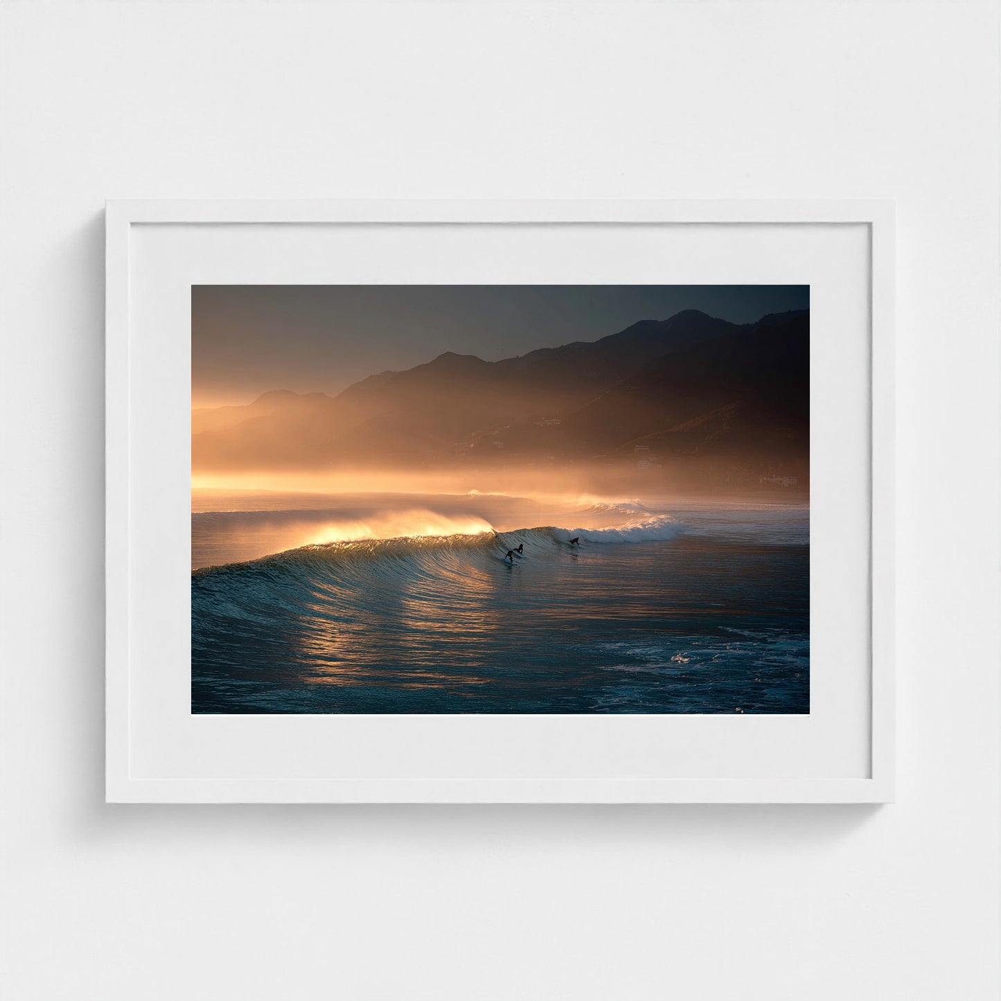 sunrise-over-quiet-surf-lineup-mist-over-water-b 24x18-white frame frame