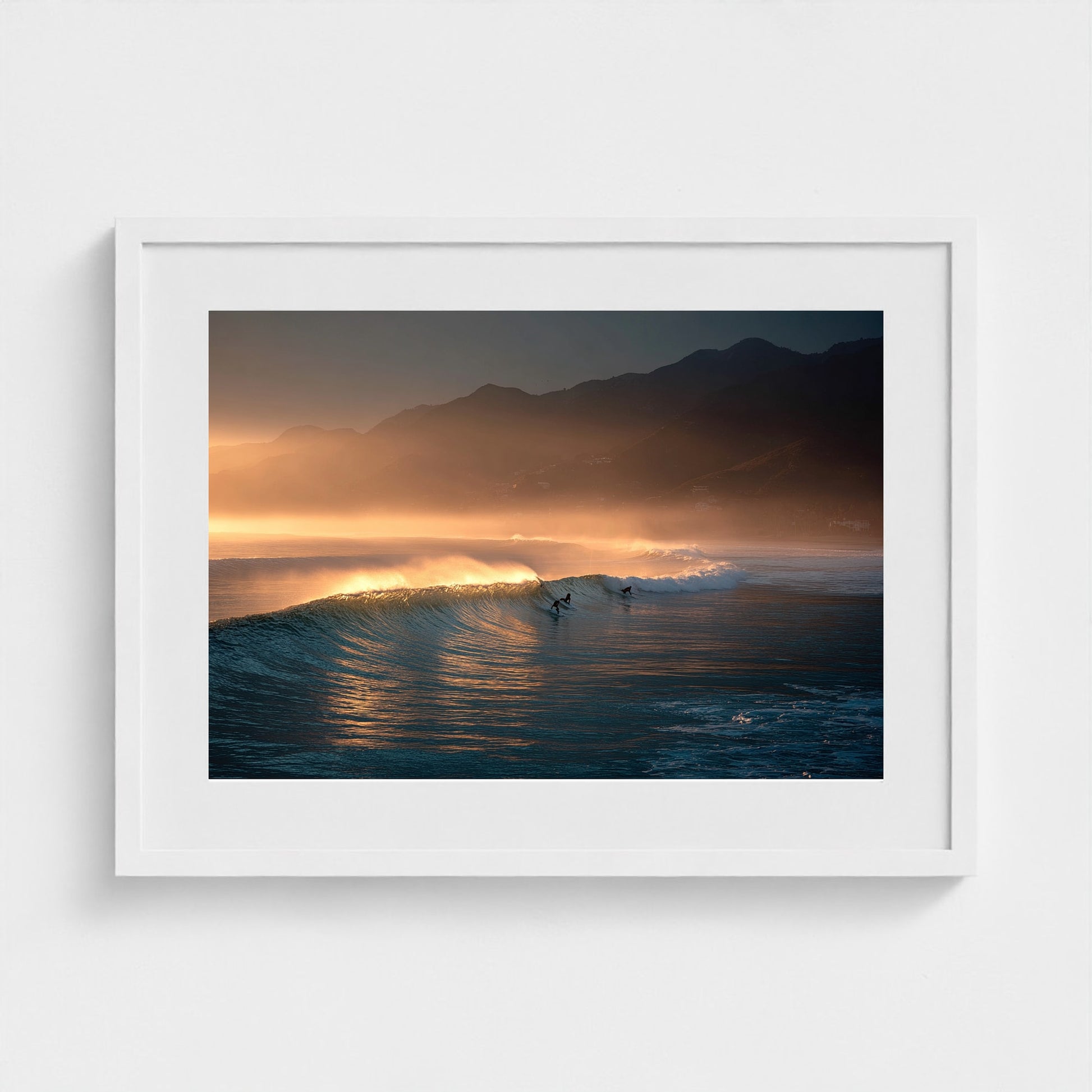 sunrise-over-quiet-surf-lineup-mist-over-water-b 24x18-white frame frame
