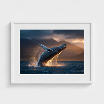 humpback-whale-breaching-at-golden-hour-backlit 24x18-white frame frame