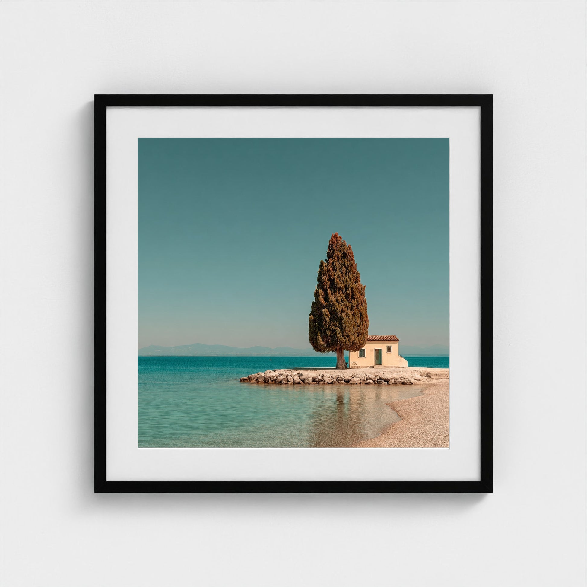 single-italian-cypress-on-a-small-promontory-lak 24x24-black frame frame
