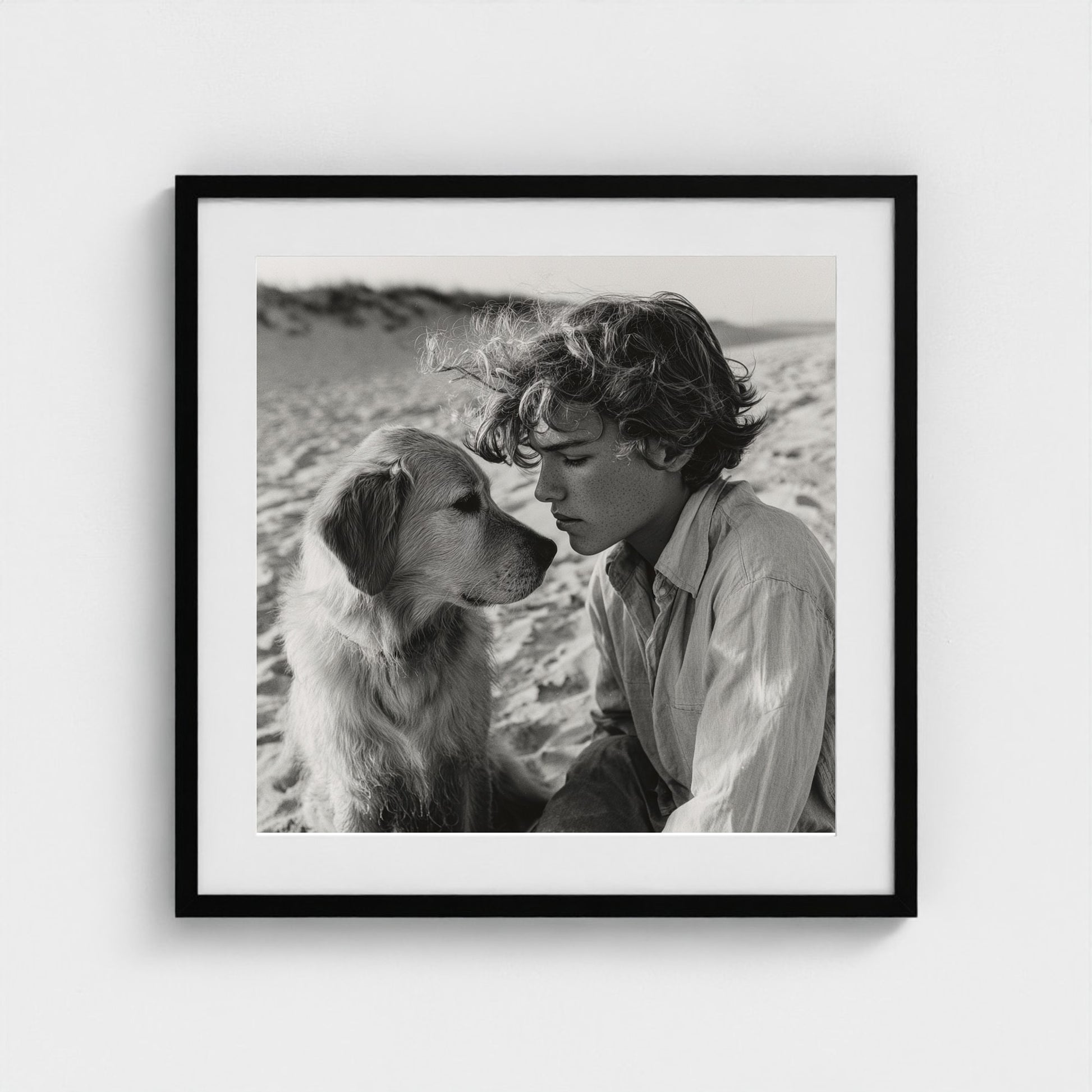 black-and-white-dog-portrait-on-sandy-beach-cine 24x24-black frame frame