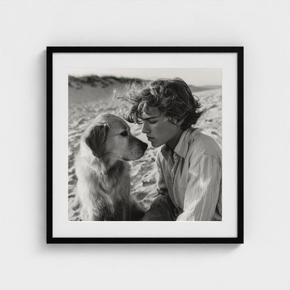 black-and-white-dog-portrait-on-sandy-beach-cine 24x24-black frame frame