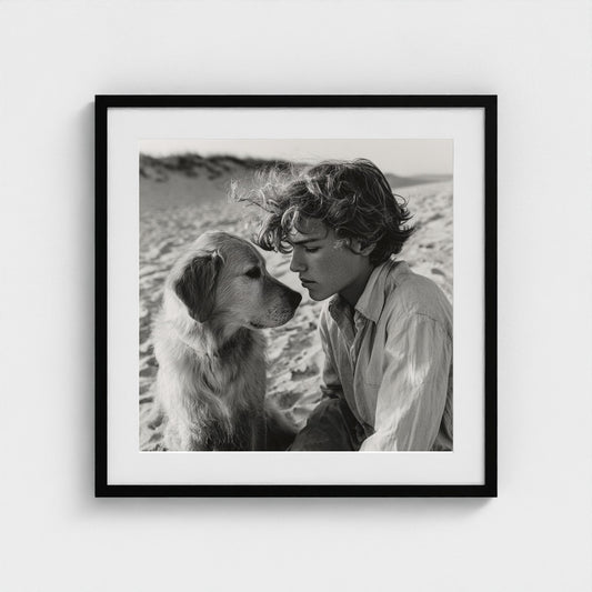 black-and-white-dog-portrait-on-sandy-beach-cine 24x24-black frame frame
