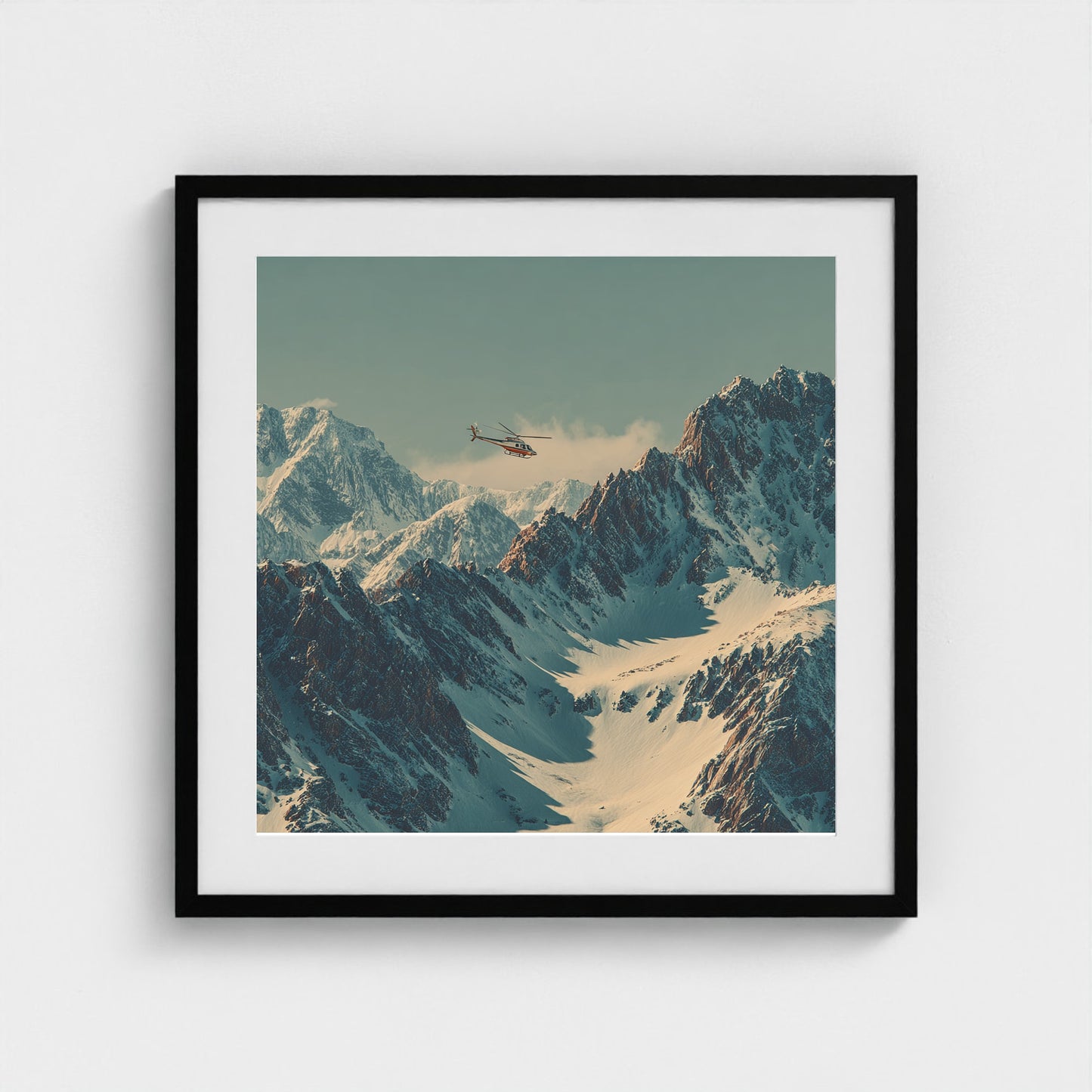 helicopter-in-colorodo-mountains-skiing-60s-retr 24x24-black frame frame