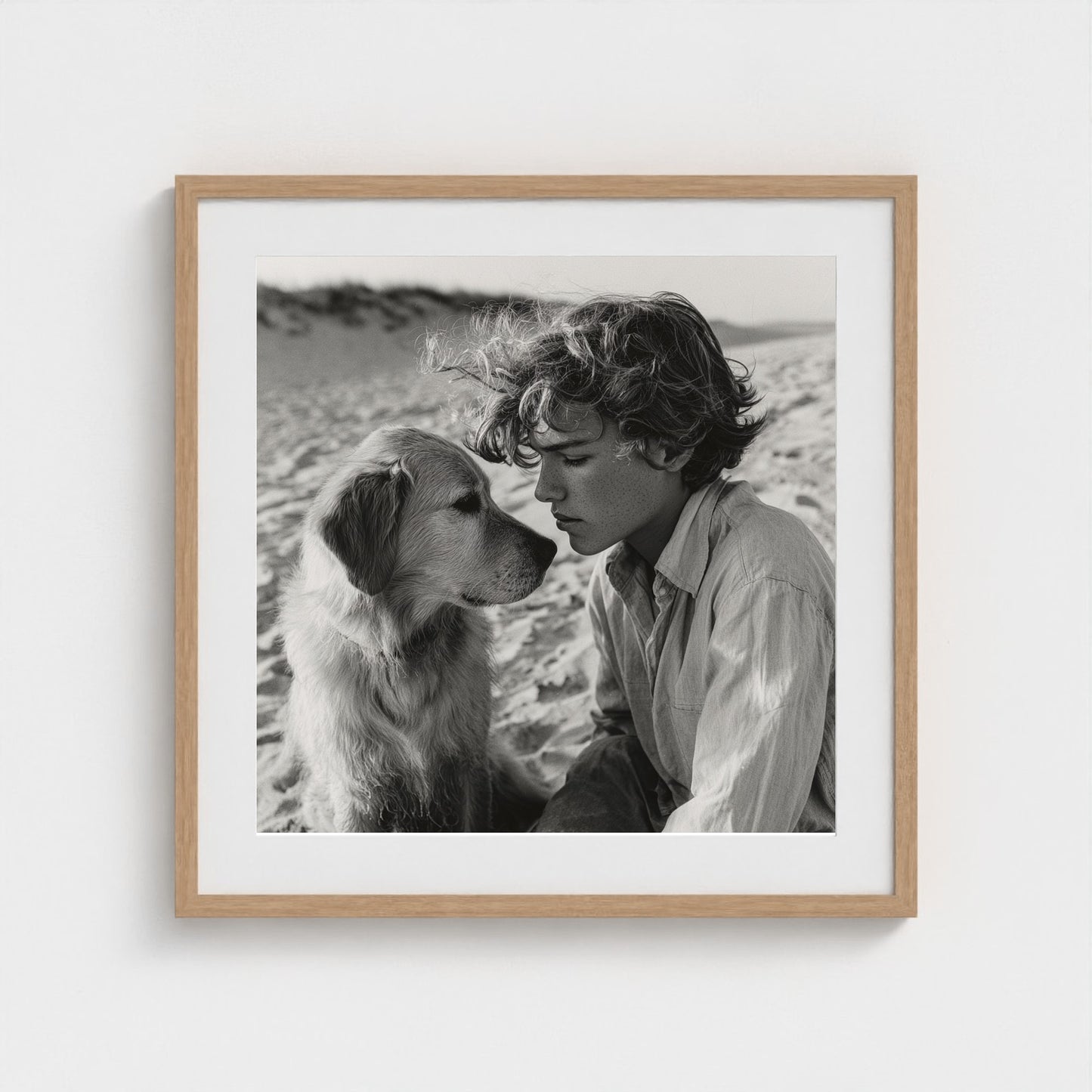 black-and-white-dog-portrait-on-sandy-beach-cine 24x24-natural frame frame