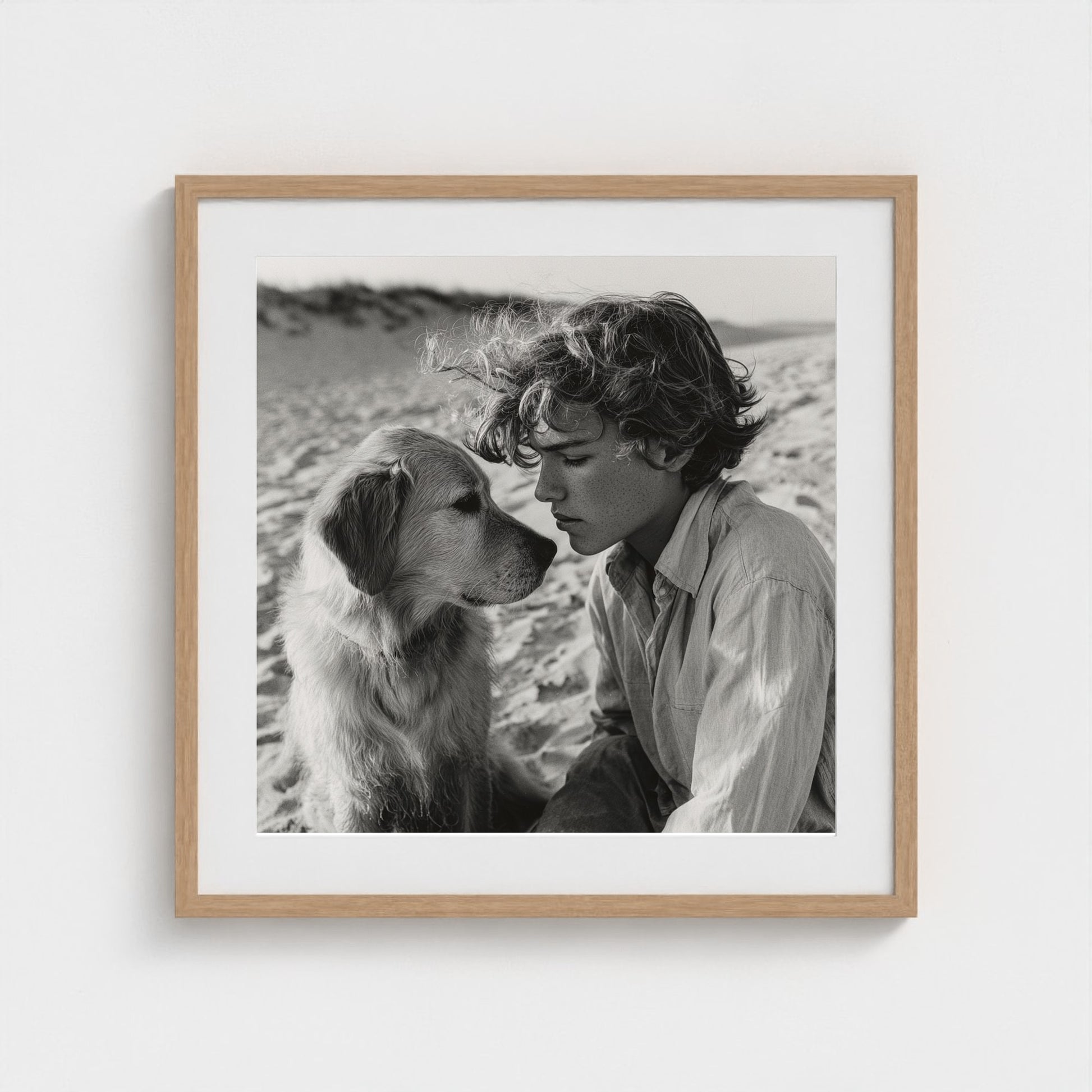 black-and-white-dog-portrait-on-sandy-beach-cine 24x24-natural frame frame