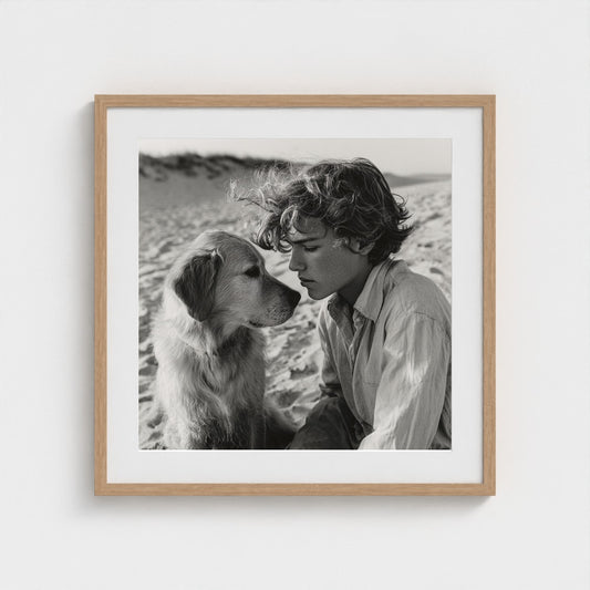 black-and-white-dog-portrait-on-sandy-beach-cine 24x24-natural frame frame