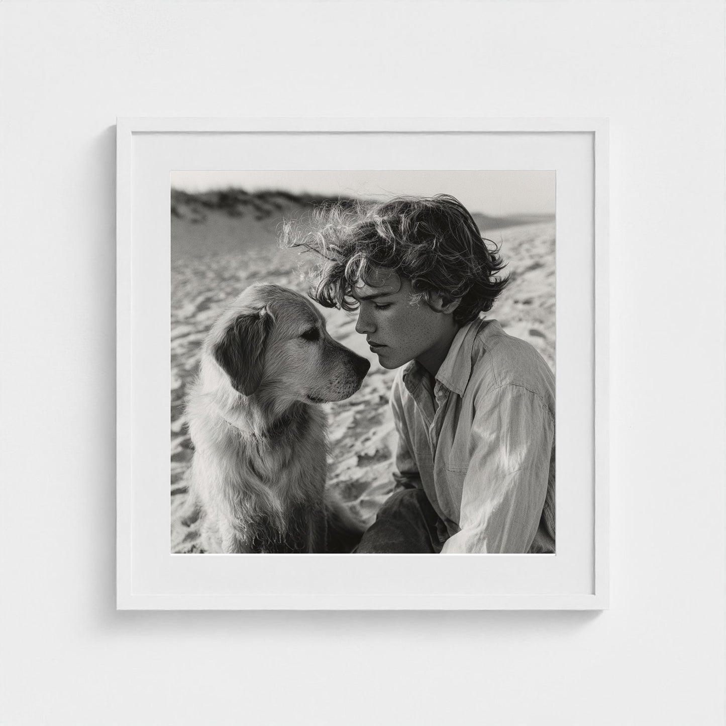 black-and-white-dog-portrait-on-sandy-beach-cine 24x24-white frame frame