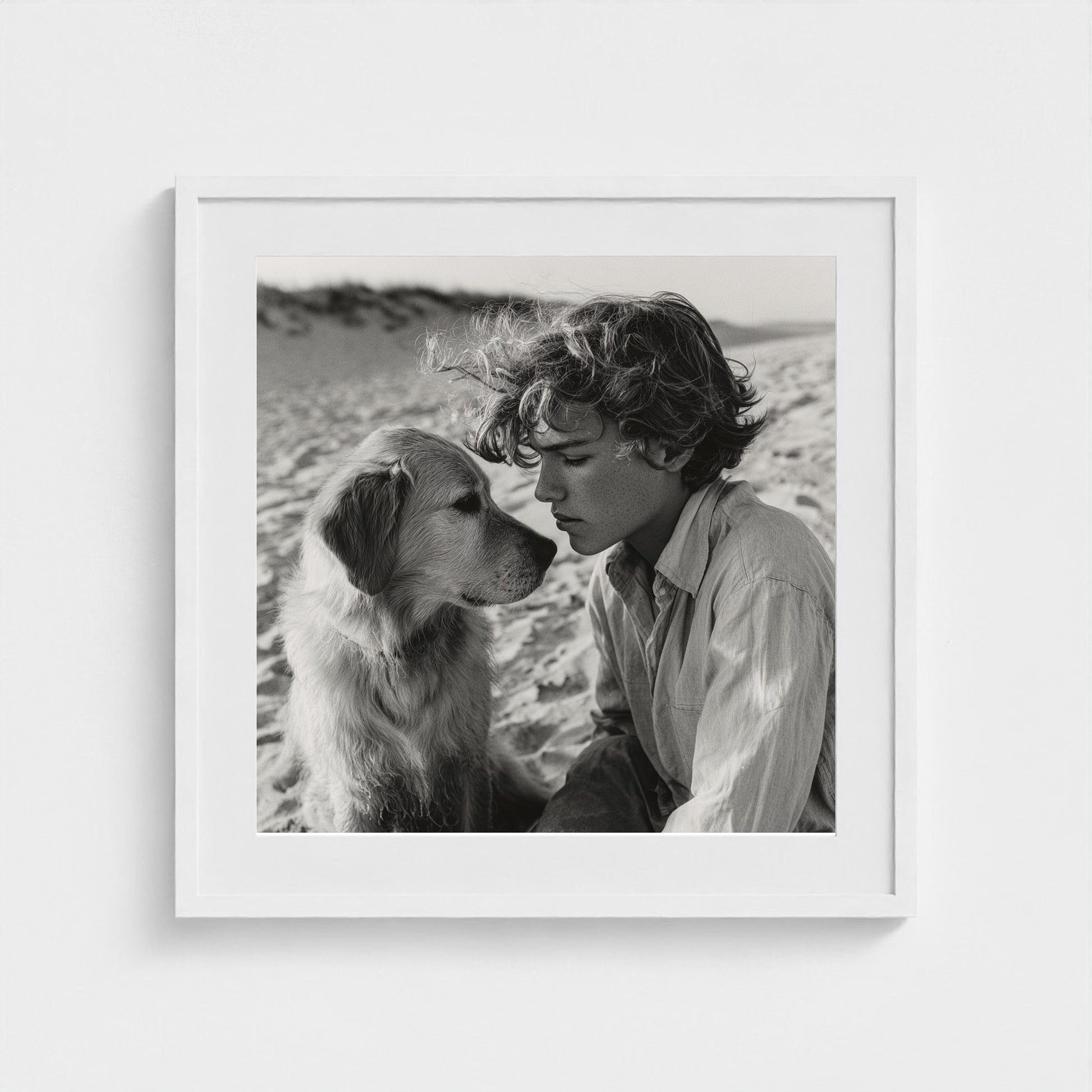 black-and-white-dog-portrait-on-sandy-beach-cine 24x24-white frame frame