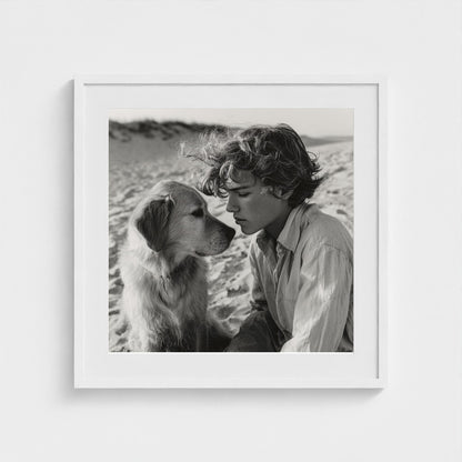 black-and-white-dog-portrait-on-sandy-beach-cine 24x24-white frame frame