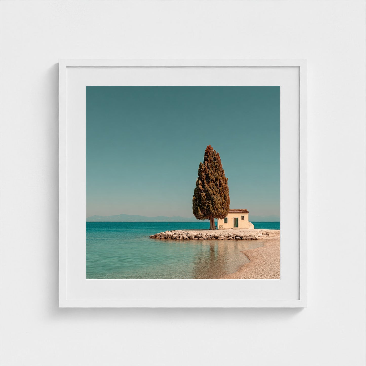 single-italian-cypress-on-a-small-promontory-lak 24x24-white frame frame