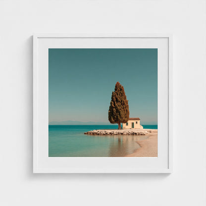 single-italian-cypress-on-a-small-promontory-lak 24x24-white frame frame