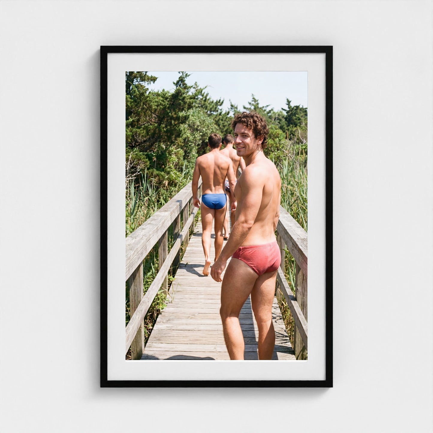 2026 03 12 20 26 00 Boardwalk Three Men 24x36-black frame — Fire Island Modern