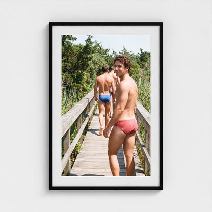 2026 03 12 20 26 00 Boardwalk Three Men 24x36-black frame — Fire Island Modern